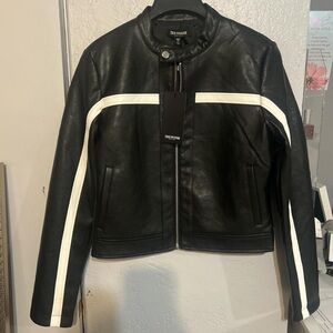 True Religion Black Leather Jacket with White Stripes
